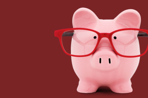 Image of a piggy bank with red glasses.