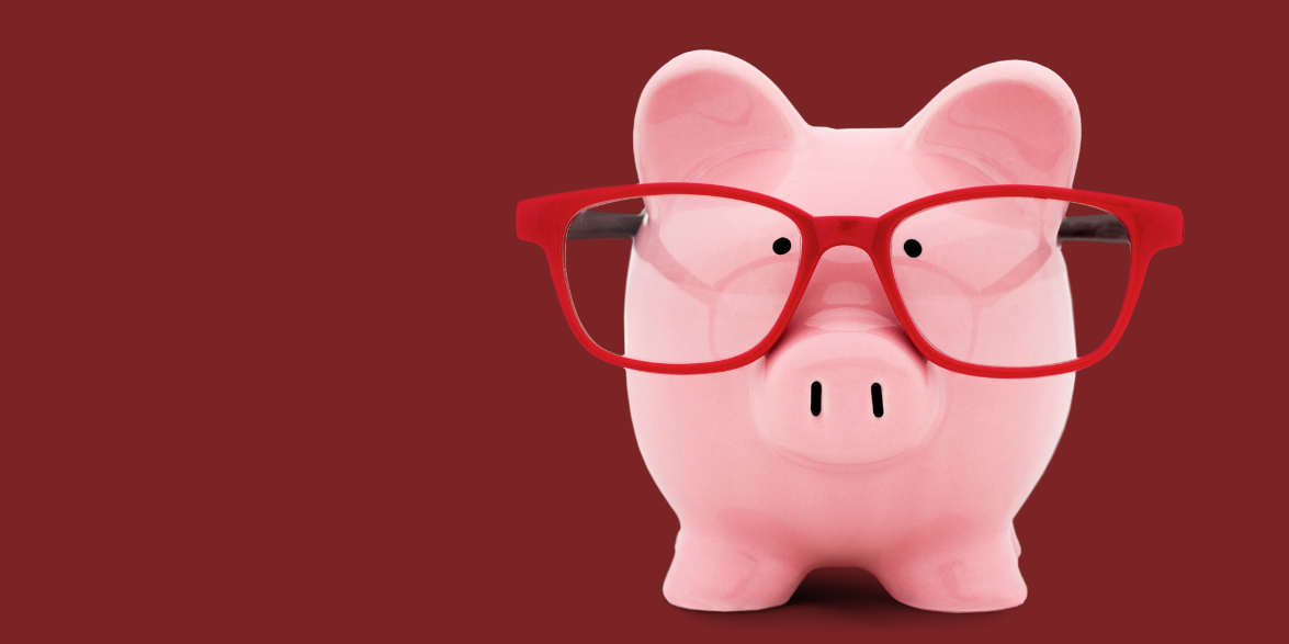 Image of a piggy bank with red glasses.