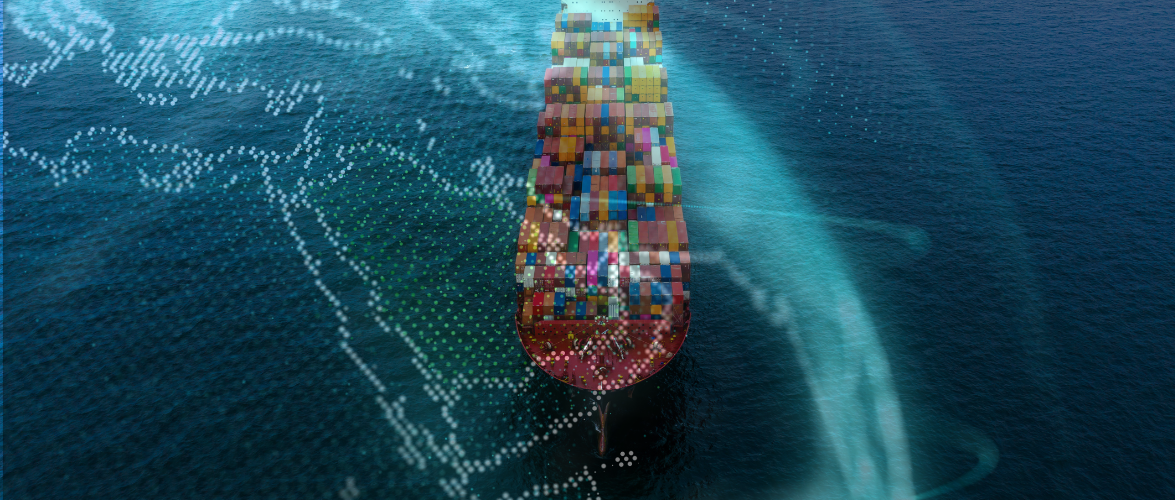 A container ship traverses the ocean as a digital map of the world overlays it.