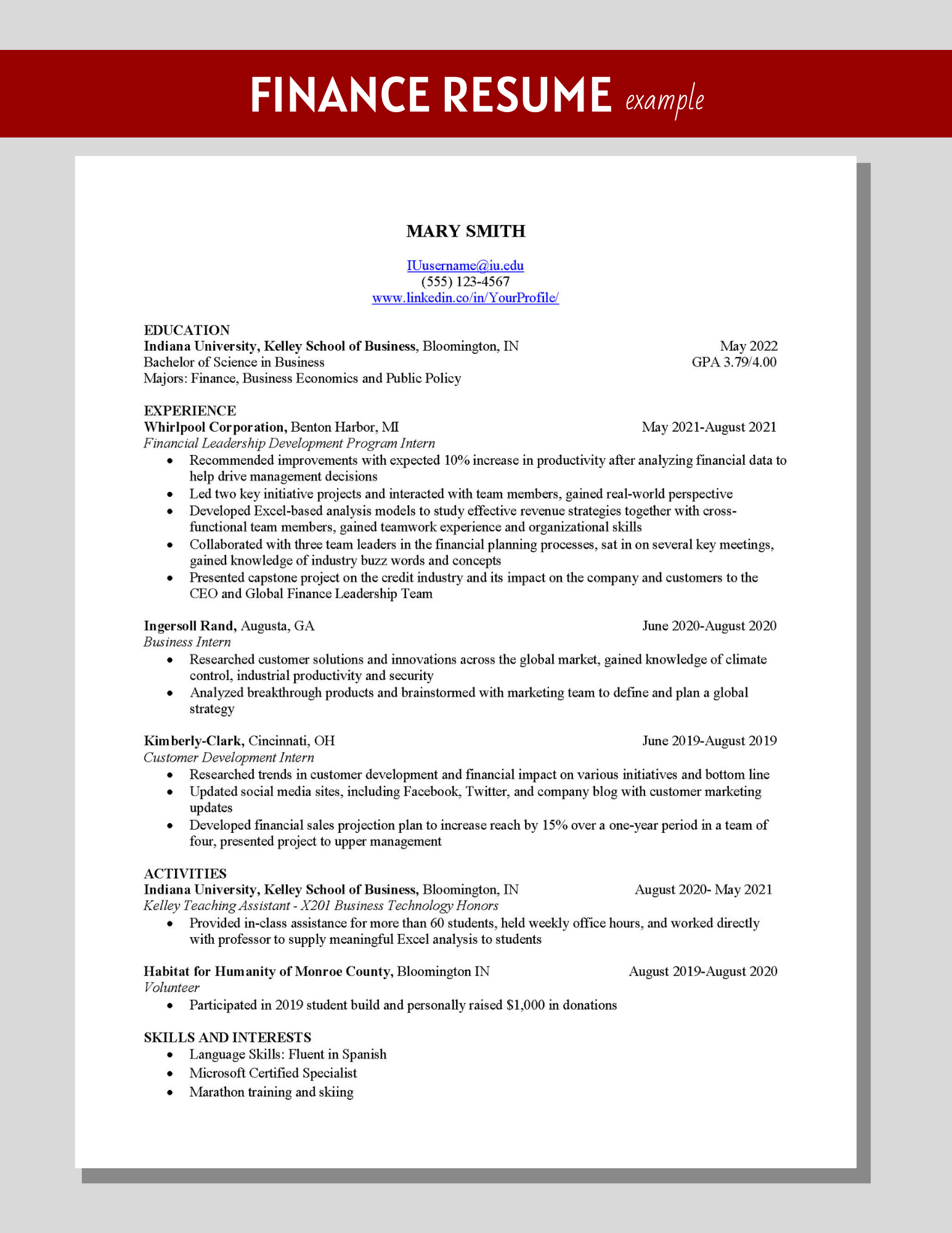 Finance Resume Example KelleyConnect Kelley School of Business