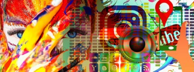 Brightly colored collage of person covering face with social media logos superimposed