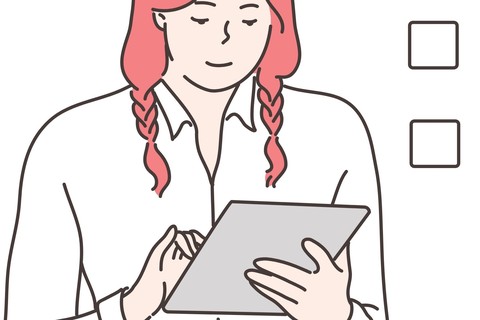 cartoon person viewing tablet next to three checkboxes. one box contains a green check mark.