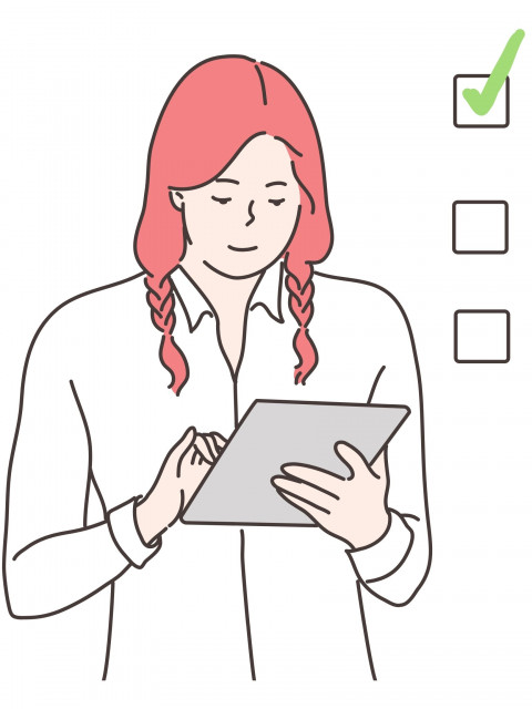 cartoon person viewing tablet next to three checkboxes. one box contains a green check mark.