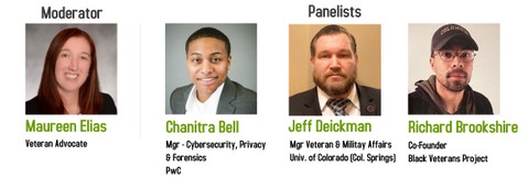 veteran panelist images, from left to right Maureen Elias, Veteran advocate; Chanitra Bell, Manager Cybersecurity, Privacy, and Forensics; Jeff Deickman, Manager Veteran and Military Affairs; and Richard Brookshire, Co-founder Black Veterans Project