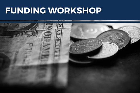 Text saying funding workshop and image of money