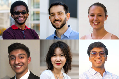 Caption:The 2022 Knight-Hennessy Scholars include (top row, left to right) Desmond Edwards, Tomás Guarna, Jessica Karaguesian (bottom row, left to right) Pranav Lalgudi, Michelle Lee, and Syamantak Payra.