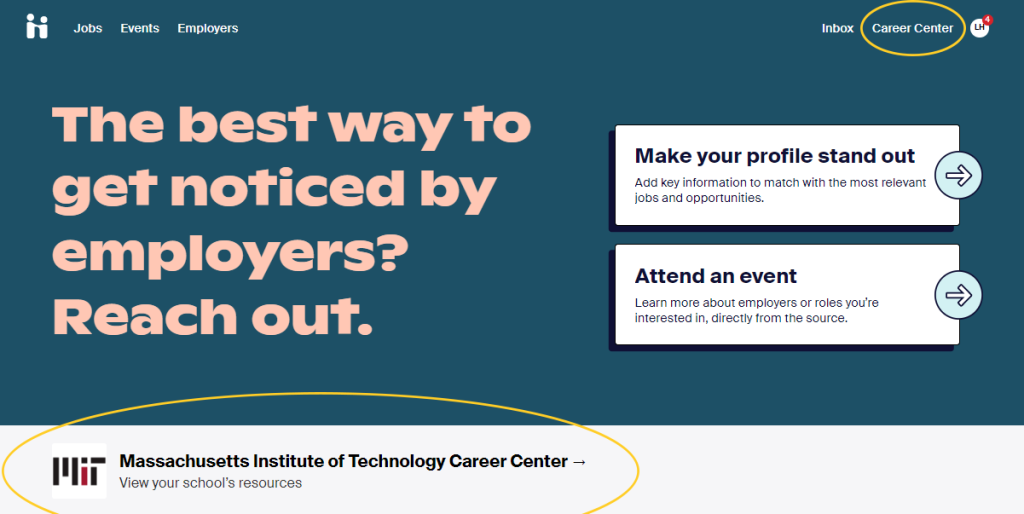 A screenshot of the Handshake homepage, with the two instances of "Career Center" circled.
