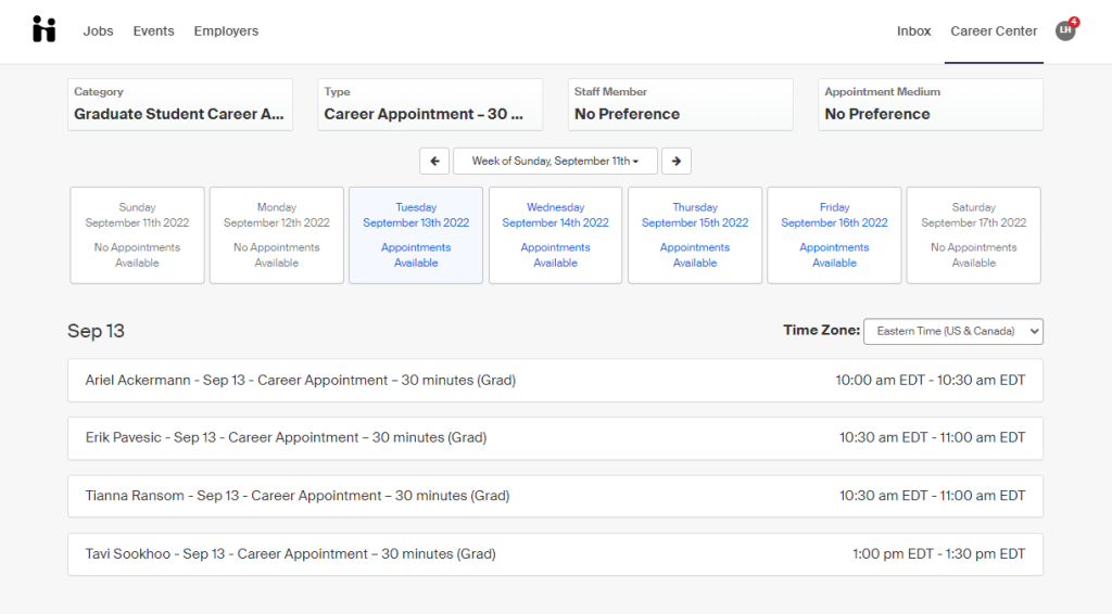 Screenshot of the calendar where you select your appointment time slot and the advisor with whom you will meet.