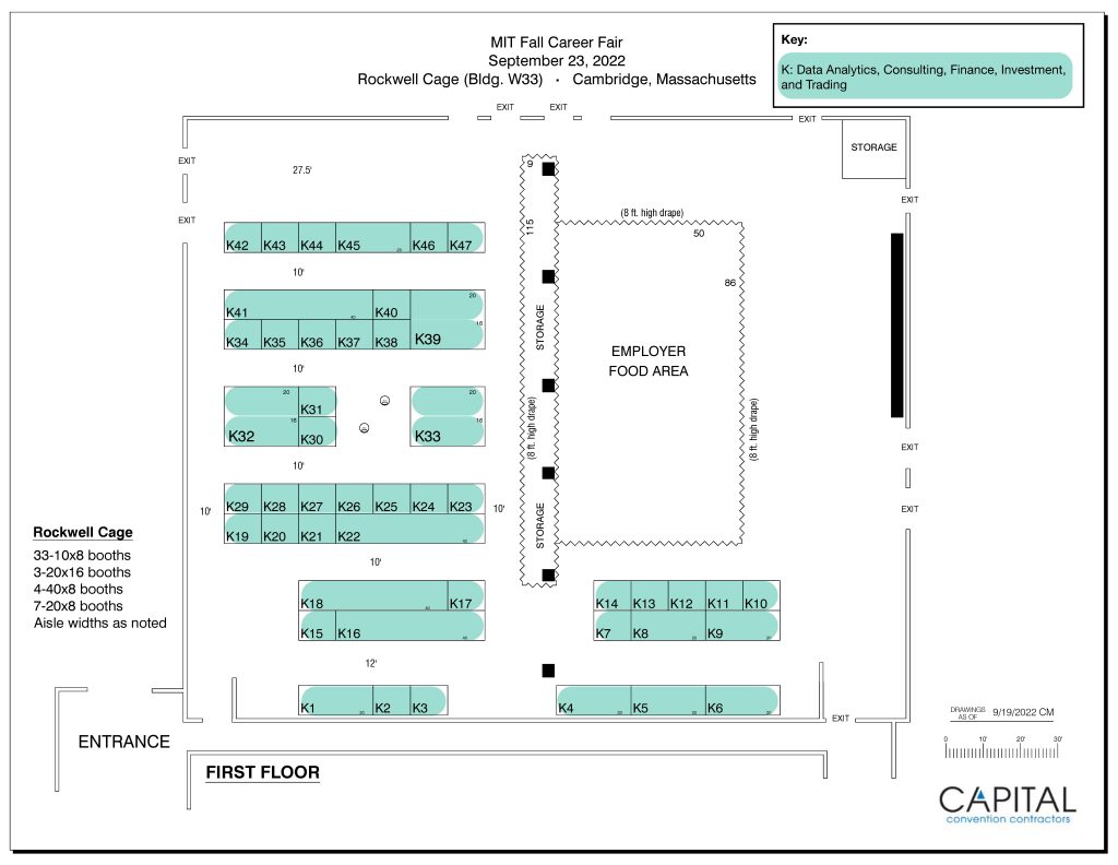 Map of the third floor of the Fall Career Fair layout. Booths are grouped together into clusters by industry, and this floor only includes booths featuring Data Analytics, Consulting, Finance, Investment, and Trading.