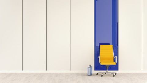 an empty yellow office chair against a paneled wall, the panel behind the chair is a bright blue and there is a metal suitcase to the left of the chair