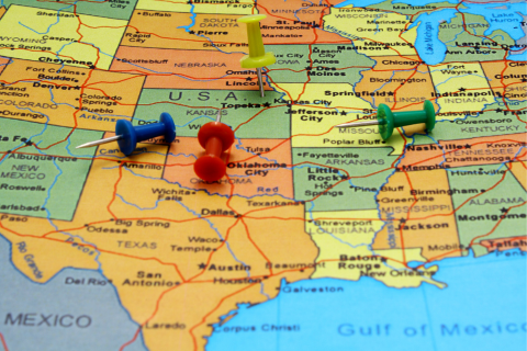 push pins on a US map
