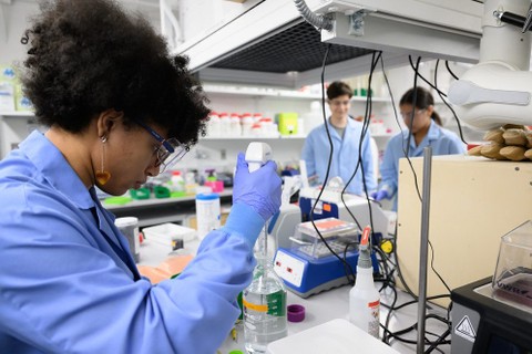 Woman working in a lab in MIT's Huang-Hobbs BioMaker Space