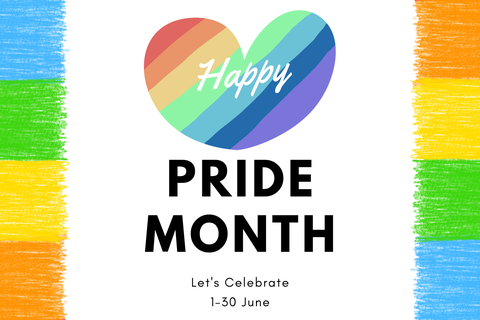 Graphic celebrating Pride Month. A heart filled with diagonal rainbow stripes is centered on a light gray background, with the word “Happy” written in white script across the heart. Below, bold black text reads “PRIDE MONTH,” followed by “Let’s Celebrate” and “1–30 June.” Hand-drawn rainbow-colored crayon stripes frame the left and right edges of the graphic.