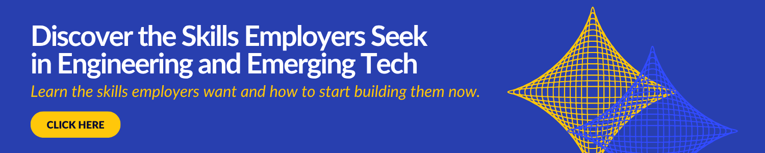 Blue background with text encouraging students to learn essential skills needed for roles in the field of engineering and emerging tech. "Click here" button included.