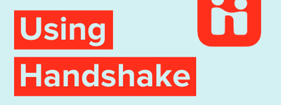 Using Handshake text in light blue letters with red background and handshake logo in the upper-right corner