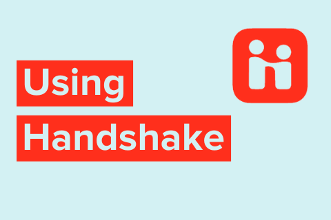 Using Handshake text in light blue letters with red background and handshake logo in the upper-right corner