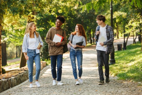 Four college students walking on a tree-shaded path on campus holding books
