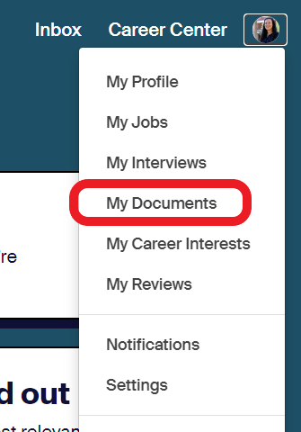 Handshake profile menu with "My Documents" option highlighted