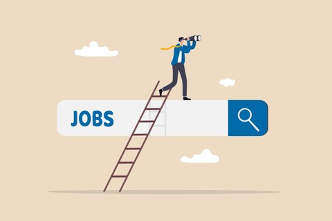 Businessman climb up ladder of job search bar with binoculars to see opportunity.