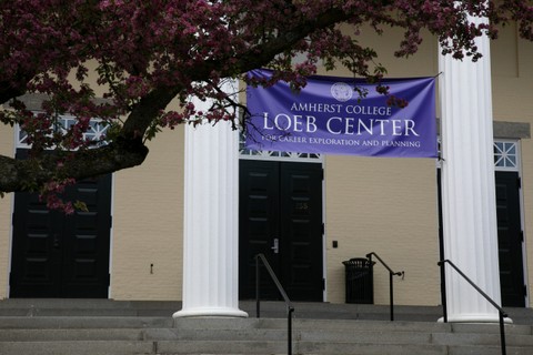 Amherst College Loeb Center for Career Exploration and Planning Banner hanging in front of the Loeb Center building