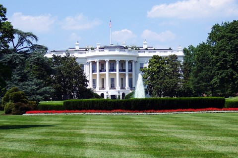 The lawn and front of the White House.