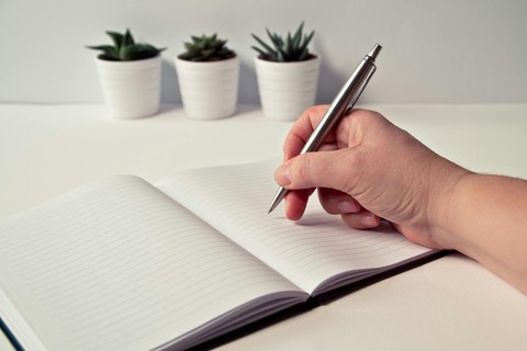 Person Holding Silver Retractable Pen in White Ruled Book