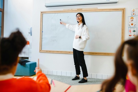 Teacher pointing at white board
