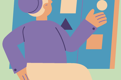 An illustration of a person sitting on a stool and gesturing toward a blue board covered in geometric shapes while a thought bubble with a tangled scribble appears above their head.