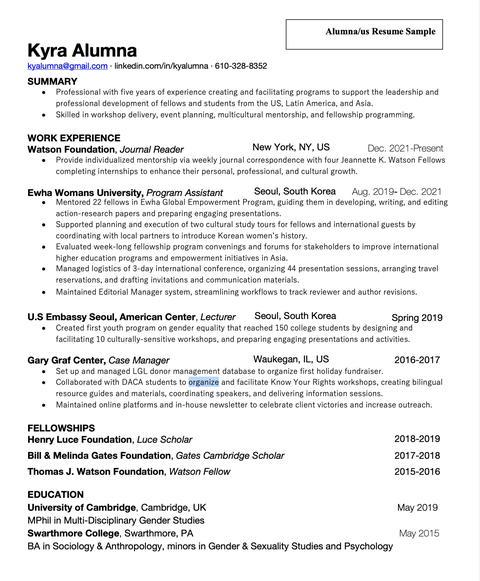 Alumni Resume Sample – Career Center | Swarthmore College