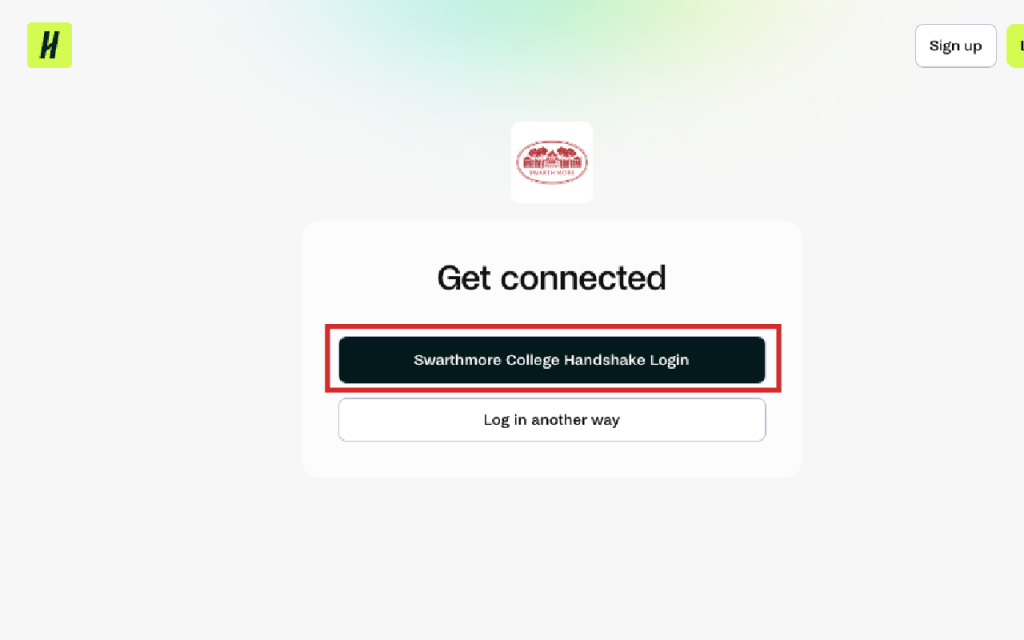 Screenshot of Handshake login screen, with red rectangle outline around "Swarthmore College Handshake Login" button