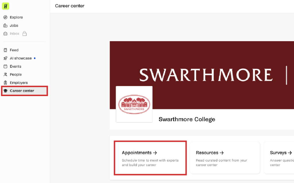 Screenshot of Handshake "Career Center" webpage with red rectangular outline around "Career Center" in the lefthand column and "Appointments" in the center column