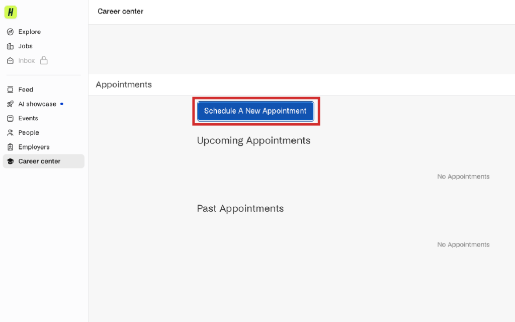 Screenshot of Handshake "Career Center" webpage with red rectangular outline around "Schedule a New Appointment" button