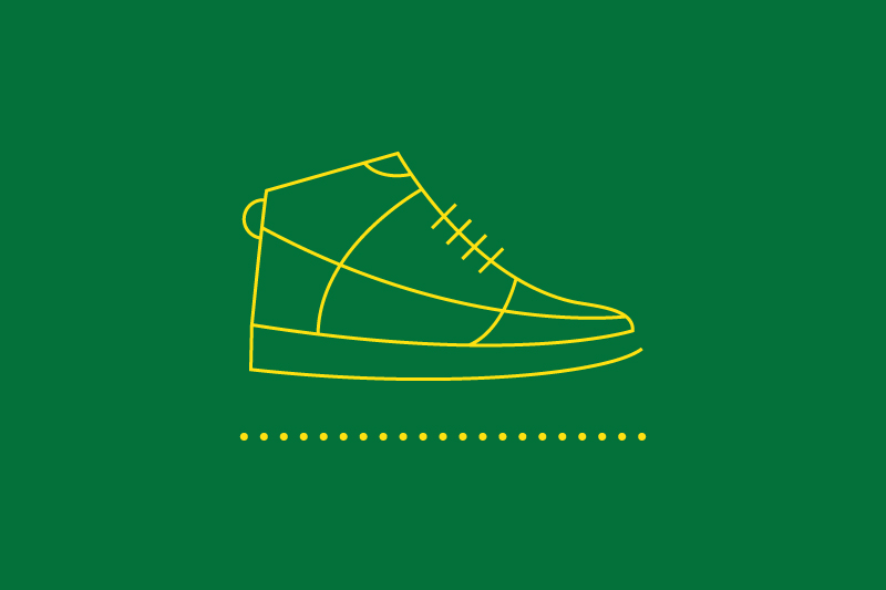 Icon of running shoe in yellow on a green background
