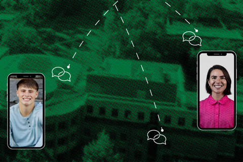 Two headshots displayed inside smartphone frames are connected by dotted lines and chat bubble icons over a green background, representing a student-alumni connection through Lundquist Connect.
