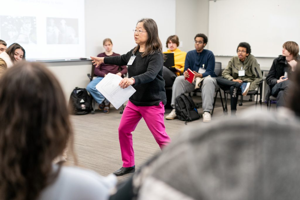 Professor Kiyoko Sims leads a workshop called, "Critical Thinking through Storytelling"