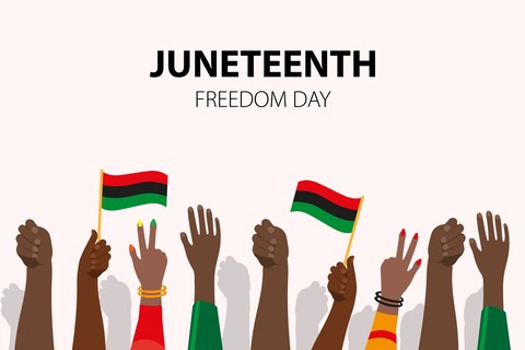 Illustration of black people raising their hands in celebration with two waving flags with text reading Juneteenth Freedom Day.