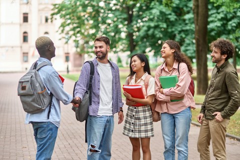 group of students meeting a new friend with a handshake. lifestyle concept.
