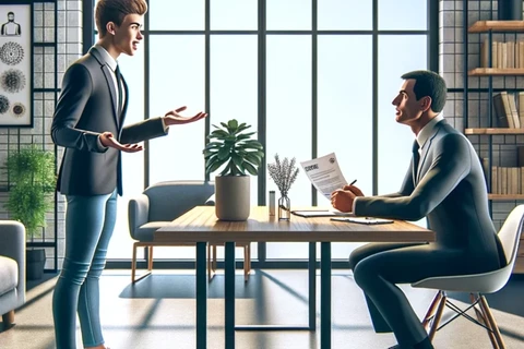 AI generated scene in a modern brightly lit office. At the center a young job seeker dressed in smart casual attire stands confidently despite theirAI generated scene in a modern brightly lit office. At the center a young job seeker dressed in smart casual attire stands confidently despite their confusion.