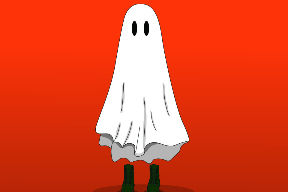 Cartoon ghost character.