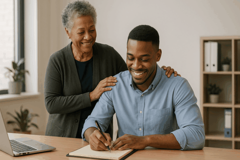 manager patting employee on the back for job well done