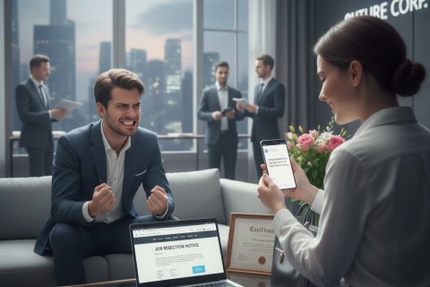 AI photo of a job seeker jealous of the success of a female job seeker who has been successful in getting a job offer