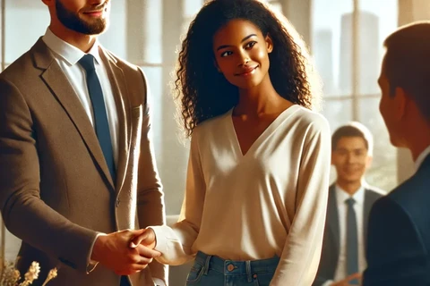 A warm and inclusive conceptual artwork depicting a male Caucasian recruiter in his 30s introducing a young Black female candidate.