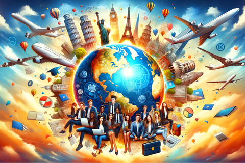 A dynamic and inspirational AI-generated image depicting the concept of internships abroad. The image should feature a globe surrounded by diverse young professionals.