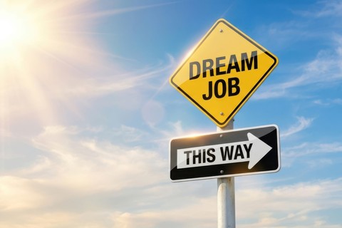 Road sign indicating 'dream job' this way, symbolizing career goals and professional aspiration