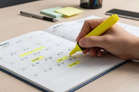Person highlighting dates on a calendar focused on planning and scheduling