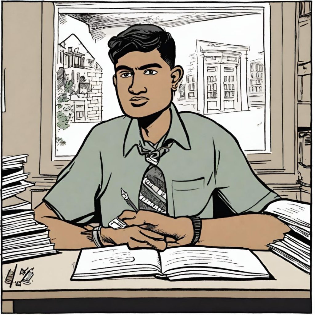 A cartoon of a male student sitting at a desk with an open notebook in front of him. He looks pensively at the camera.