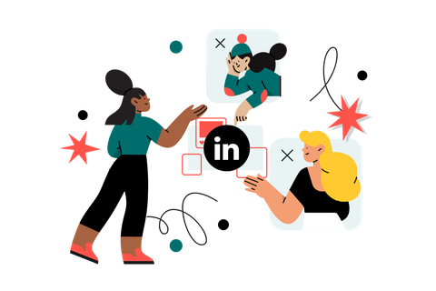 Vector illustration of students interacting with profile cards and networking symbols around a central LinkedIn logo.