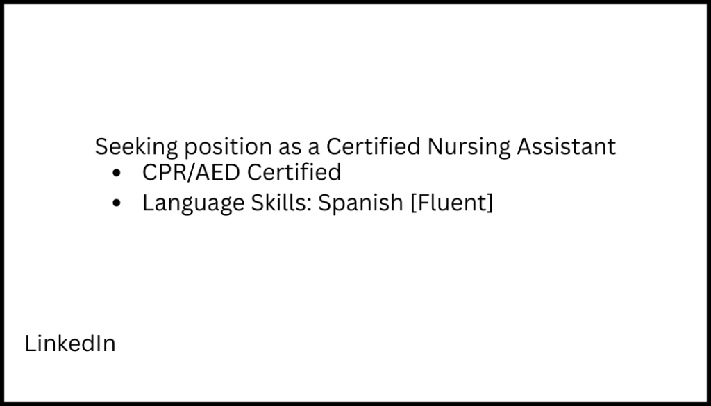 Sample formatting for the back part of a business card. Information on what position the person is interested in plus a couple of relevant skills centered on the card. Website aligned on the left-hand side of the bottom of the card.