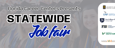 FCC Statewide job fair banner graphic featuring logos of participating schools: University of Central Florida, Florida Atlantic University, University of North Florida, Florida Gulf Coast University, New College of Florida, Florida State University, Florida International University, University of South Florida, University of West Florida, Florida A&M University, Florida Polytechnic University, and University of Florida