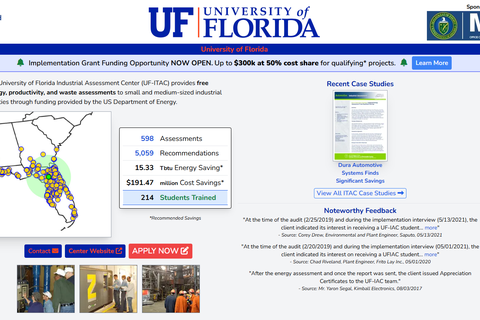 photo image of the UFITAC website landing page with the ITAC Dept of Energy logo, UF Logo, stats about the program
